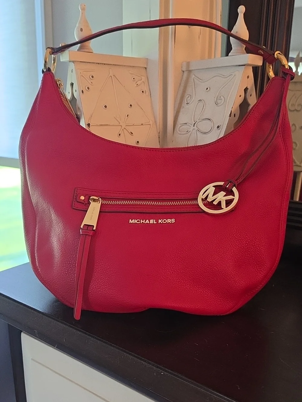 Michael Kors Pink-Red Pebbled Leather Shoulder Hobo with Gold Hardware